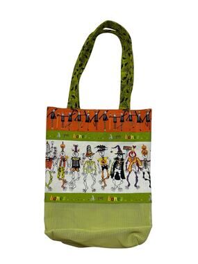 Handmade Halloween Silly Skeleton Dem Bones Tote Bag Mesh Green Orange Black